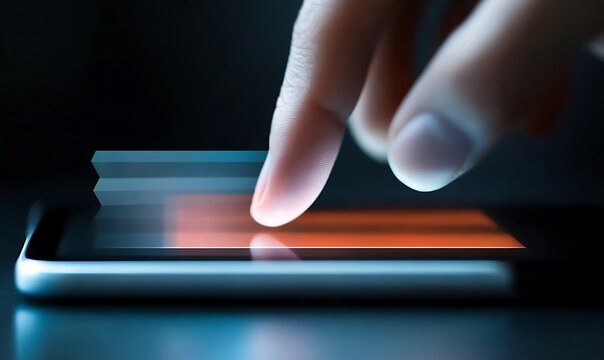 Finger touching screen with data analytics bar graph and abstract digital flow.