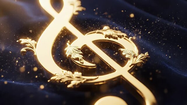 Luxurious golden treble clef ornament resting on rich blue velvet fabric