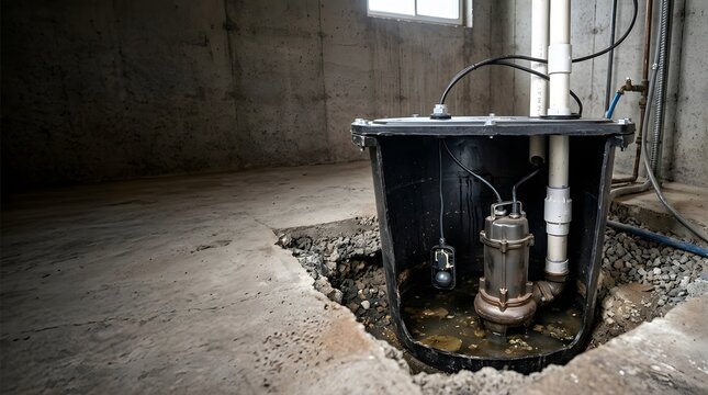 residential sewage ejector pump basin cutaway revealing submersible pump float switch and wastewater discharge system