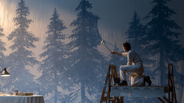 Scenic painter on a high scaffold applying a winter forest backdrop to a theater stage, long-handled brushes sweeping fir-tree silhouettes onto canvas, December rehearsal