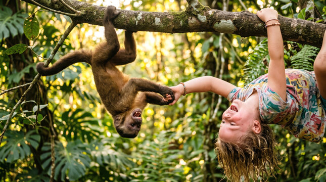 Happy child hanging upside down from tree branch with wild monkey