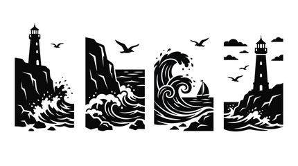Coastal scenes with lighthouse and waves black silhouette vector illustration © Abdullah