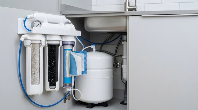 residential reverse osmosis water filtration system cutaway revealing membrane cartridges pressure tank and purification stages