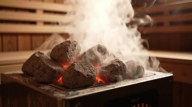 Steam rises from hot rocks in sauna at a local wellness center in the afternoon