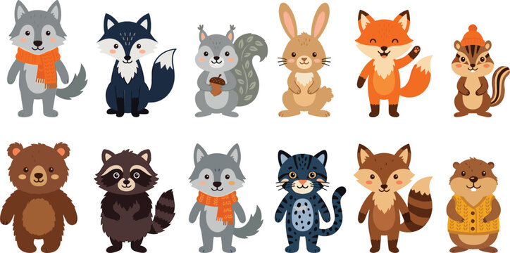 Cute autumn forest animals cartoon vector illustration set with friendly wolf fox squirrel rabbit chipmunk bear raccoon wildcat and beaver wearing cozy winter scarves
