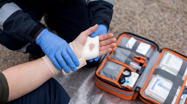 pressure bandage bleeding paramedic injury emergency care patient hands trauma showing compassionate guidance with emergency care paramedic wrapping clean pressure detail shows a clean pressure for