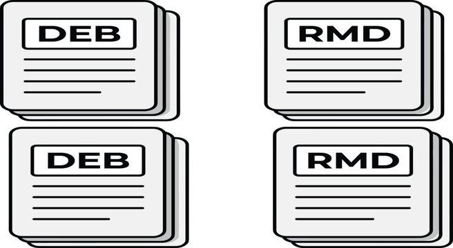 DEB and RMD Document File Format Icon Set with Stacked Paper Pages for Software Development, Package Management, Coding, and Vector Data