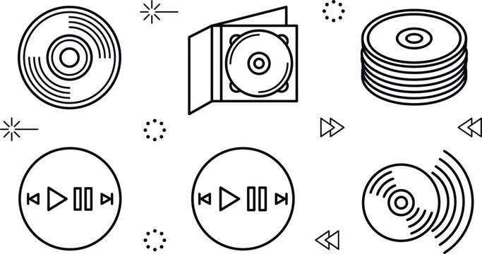 Retro Compact Disc and Media Player Line Icon Set with DVD, Vinyl Record, CD Case, Stacked Discs, and Audio Control Buttons for Music Software Designs