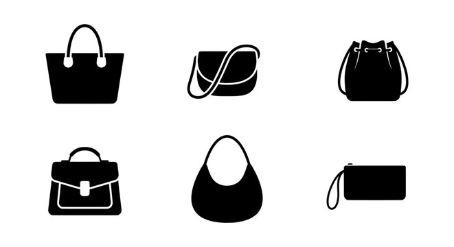 Stylish black handbag vector icon set, modern fashion accessories collection, elegant purse graphics for e-commerce