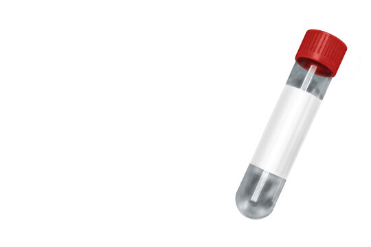 Red cap blood collection tube isolated on white background. Empty vacuum blood test tube for laboratory diagnostics, medical testing, healthcare research, clinical analysis, and hospital equipment wit