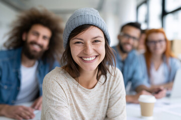 Fototapeta premium Young woman smiles warmly at camera. Colleagues sit blurred behind her in bright office. Natural light illuminates her cheerful expression. Casual attire suggests relaxed, creative workplace