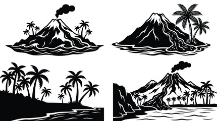 Tropical Island Volcano Silhouettes With Palm Trees Black And White © Abdullah
