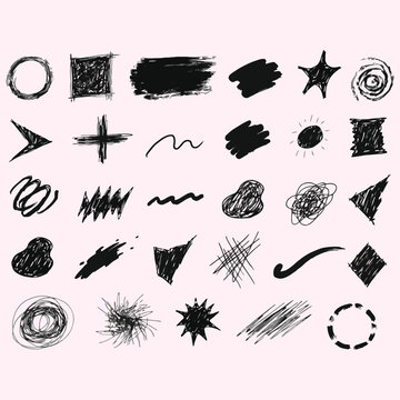 Hand drawn black graphic elements and symbols on a light pink background
