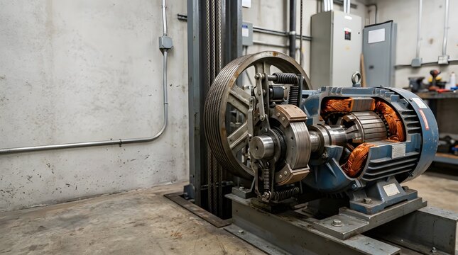commercial elevator traction motor cutaway revealing electromagnetic windings brake assembly and drive mechanism in machine room