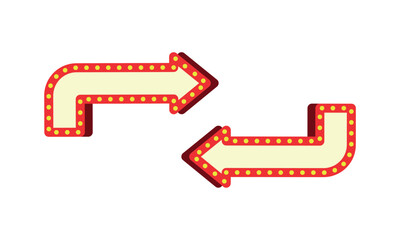 Retro Arrow Signs, Two vintage arrow signs with marquee lights point in opposite directions, suggesting choice, direction, or contrast.