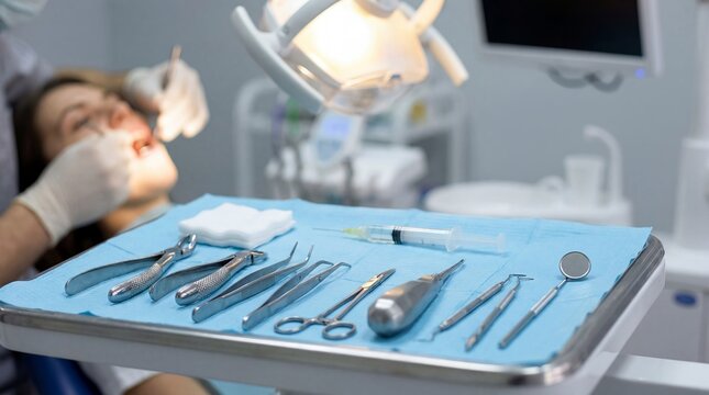 Wisdom tooth extraction dental forceps surgery instruments dentist sterile preparation showing oral procedure concept for patient education healthcare training clinic services and treatment planning