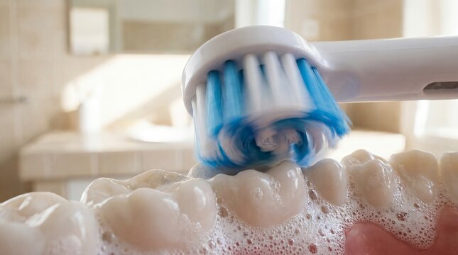 Electric toothbrush teeth cleaning toothpaste foam oral hygiene brushing dental model showing powered action concept for product advertising preventive care education and daily wellness campaigns