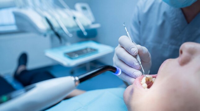 Composite filling dental cavity restoration dentist tooth material curing light showing precise restorative procedure concept for clinic education oral treatment marketing and caries repair services