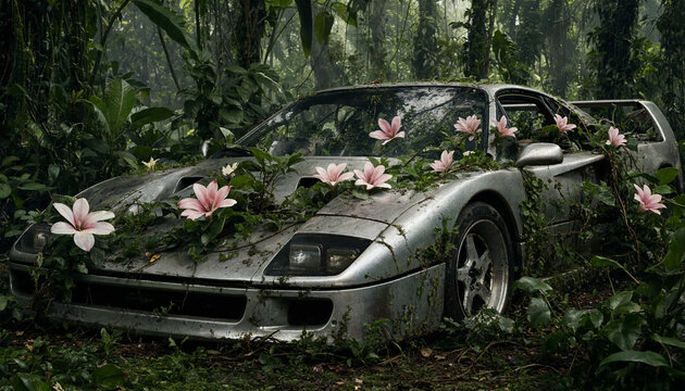 An old silver sports car overgrown with vines and flowers in a dense forest