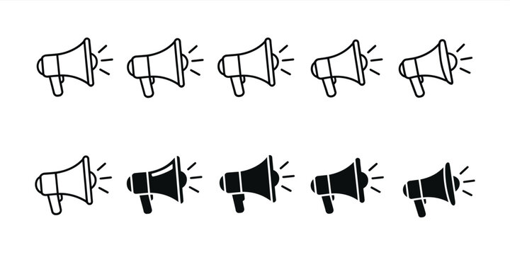 Megaphone icon set with outline and solid variations for public announcements communication marketing and broadcast concepts