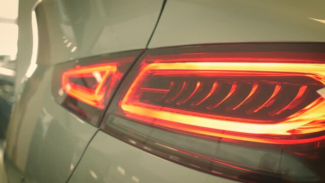 Bright red LED taillight glowing on a luxury vehicle in this cinematic motion video clip animation