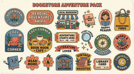 Naklejka premium Retro Bookstore Adventure Pack Sticker Set with Vintage Illustrations of Books, Cozy Reading Nooks, Library Cards, and Bookshop Themes in Earthy Muted Colors and Mid-Century Modern Style.