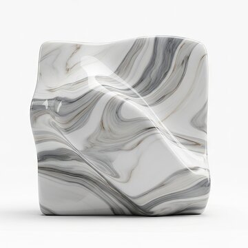 Abstract Marble Stone Cube with Wavy Gray and White Pattern on White Background.