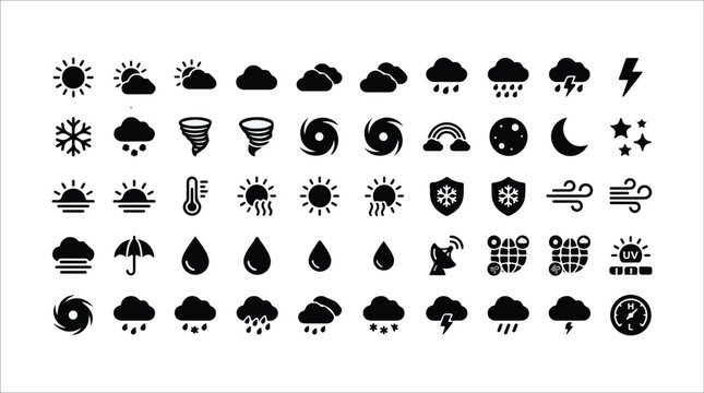 Set of weather forecast and meteorology black glyph icons isolated on white background. Vector illustration of climate symbols, temperature, atmospheric condition, and UI elements.