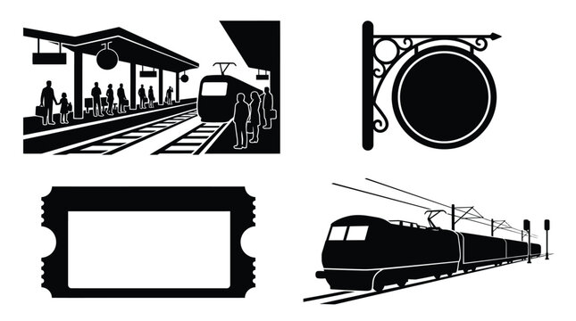 Train station scene ticket and sign silhouettes on a white background