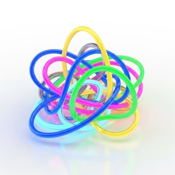 Colorful tangled neon glow sticks forming an abstract knot on a white background.