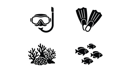 Snorkel Mask Flippers Coral And Fish Silhouette Icons On White Background © Abdullah