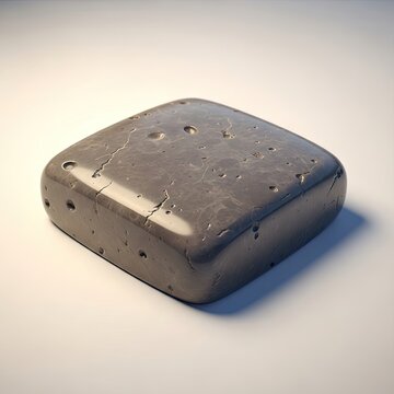 Small Gray Square Object with Rounded Edges and Pitted Surface.