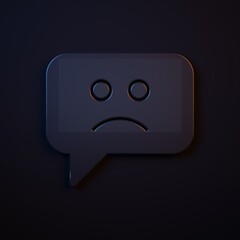 Naklejka premium Dark-blue Sad smile icon isolated on black background. Emoticon face. Minimalism concept. 3D render illustration