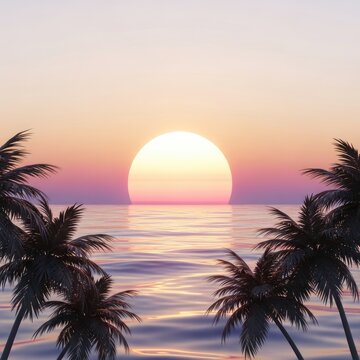 Vibrant Tropical Sunset Over Ocean with Palm Trees Silhouettes.