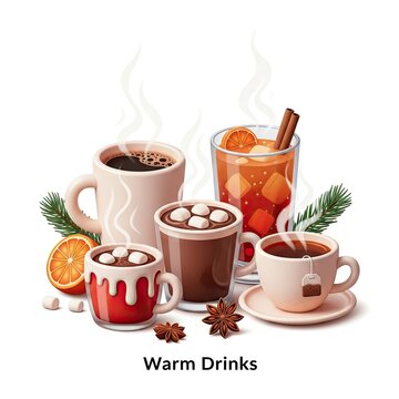 Assortment of Warm Winter Beverages with Holiday Decorations.
