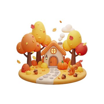 Charming Autumn House with Pumpkins and Squirrels in a Whimsical Forest Scene.