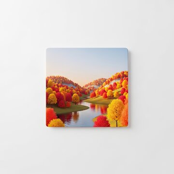 Vibrant Autumn Landscape with River and Colorful Trees.