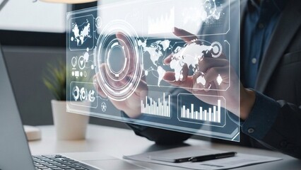 Fototapeta premium Generative AI of businessman interacting with futuristic hud digital screen interface, analyzing financial charts and global maps for data driven corporate business concept