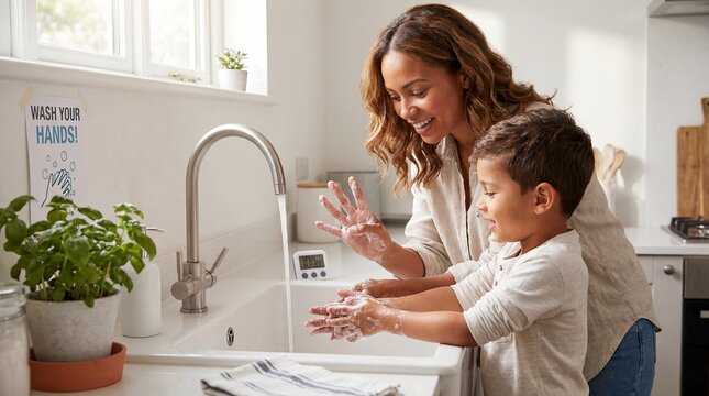 family bath time child hygiene parenting bathroom care mother routine built for educational context with biracial mother caramel wavy tea family detail shows a mother sharing a gentle child hygiene