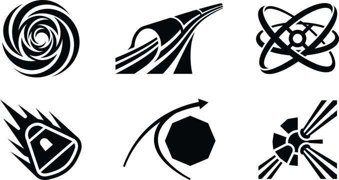 Collection Of Black Silhouette Icons Featuring Spirals Rockets Atoms And Comets On White spiral
