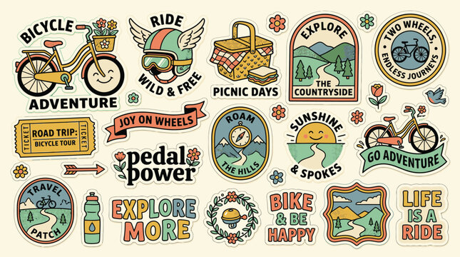 Vintage bicycle adventure sticker collection featuring retro bike illustrations, mountain landscape patches, picnic motifs, and cycling quotes in a muted color palette on a tan background.