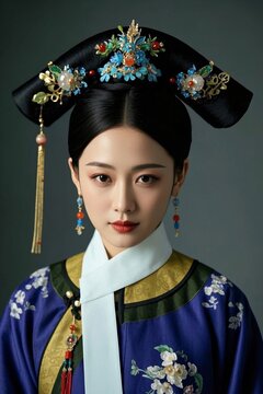 Close-up of Qing Dynasty women in ancient costumes Xiao, a Qing Dynasty court lady
