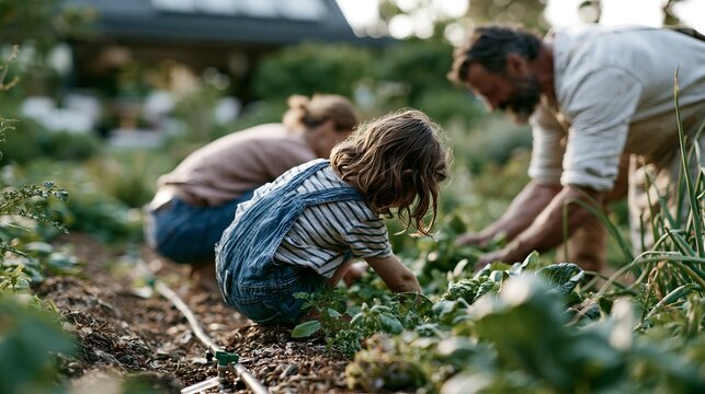 Child harvesting vegetables with parents in a home garden using drip irrigation. Family farming, sustainable food production and climate-smart gardening concept
