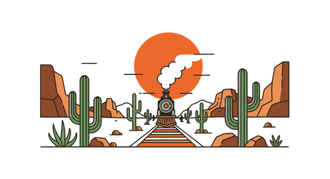 Vintage steam train traveling through desert at sunset
