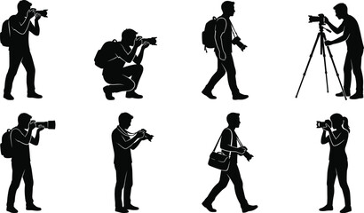 Photographer silhouette collection showing people with cameras tripods and bags in diverse shooting poses © MstMahima
