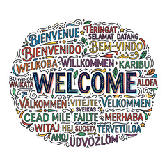 Global Welcome Message in Many Languages, Colorful Typography © tulang