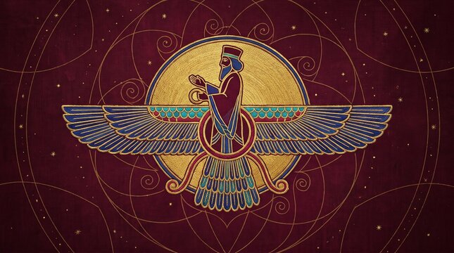 Faravahar Symbol Vector Illustration for Happy Parsi New Year, Zoroastrian Navroz Celebration Background with Golden Winged Figure on Red Gradient
