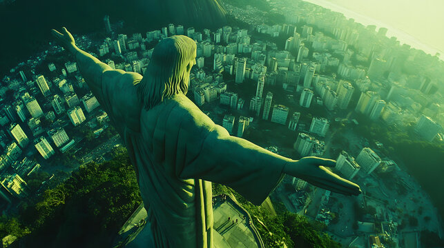Statue with outstretched arms overwhelming urban skyline at golden hour with showcases towering human statue arms extended dominating sprawling cityscape under warm urban sprawl