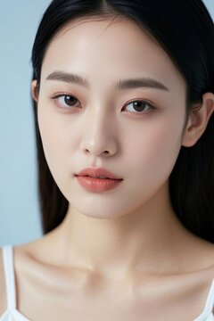Close-up of Asian female face, portrait of pure girl