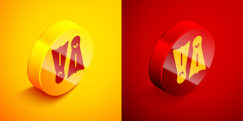Isometric Rubber flippers for swimming icon isolated on orange and red background. Diving equipment. Extreme sport. Diving underwater equipment. Circle button. Vector © Kostiantyn